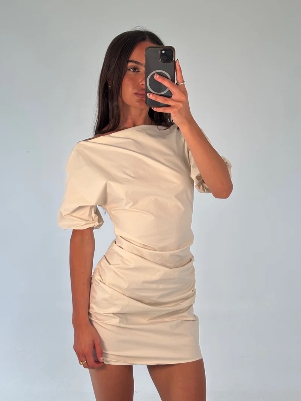 Bronze Snake Margarita Boat Neck Puff Sleeve Ruched Mini Dress in Beige